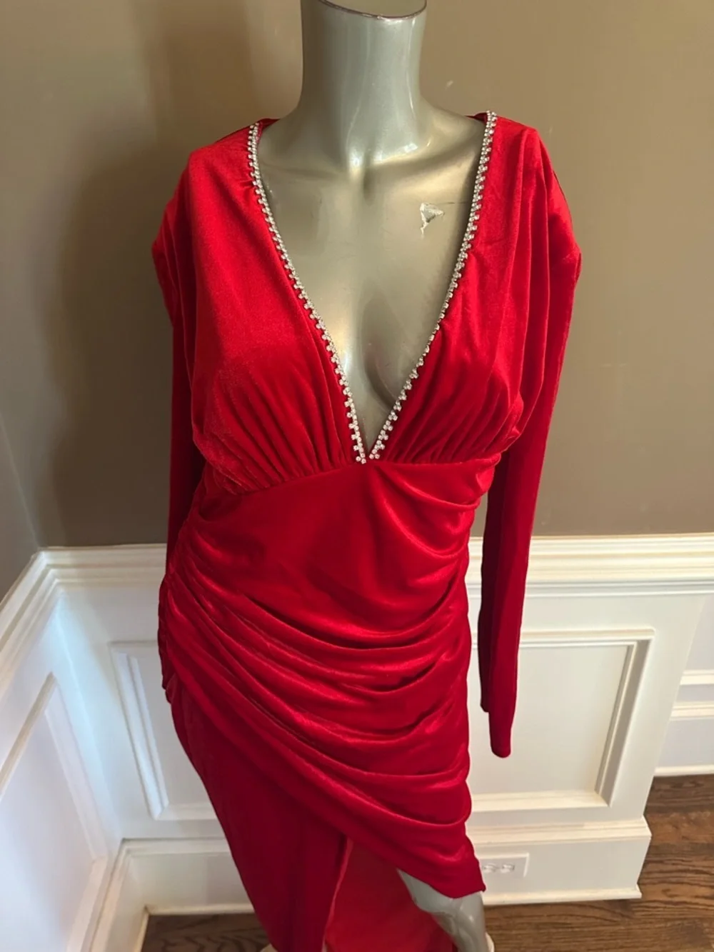 NWT FASHION NOVA Red Velvet Runched Maxi Rhinestone Trim Sz XL